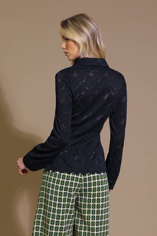 Black lace collared shirt w/ scalloped hem