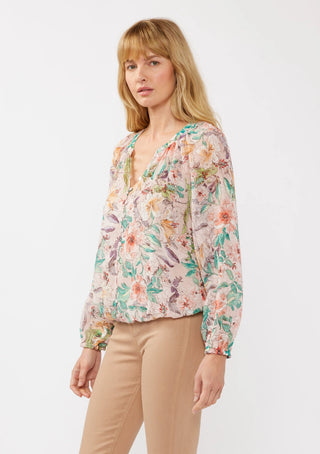 Pastel Floral Bohemian Blouse Cinch Hem and Buttons Dusty Peach