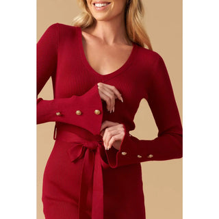 Long Ribbed Sweater Dress w/ Flared Sleeve