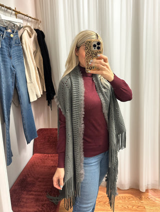 Fur Trim Lightweight Sweater Vest Fringe Cardigan