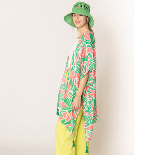 Multicolor Palm Print w/ Tassel Kimono, Green