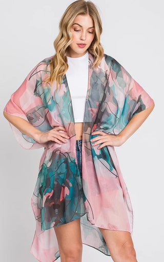 Abstract Watercolor Leaf Print Kimono, Green