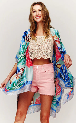 Silky Palm Leaf Pattern Kimono, Mint