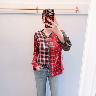 Mixed Red Plaid Button Up Shirt, Red