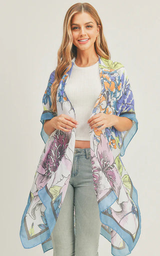 Multi Flower/Leaf Pattern Kimono, Navy