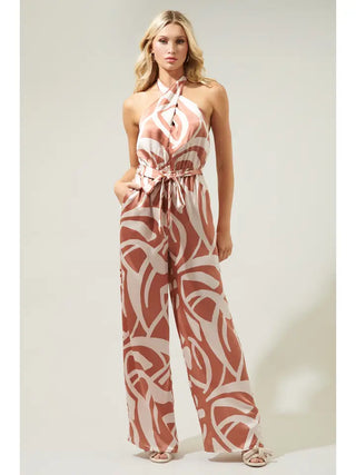 Peachy Keen Abstract Villanueva Satin Halter Jumpsuit