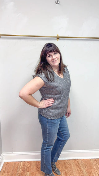 V-Neck Shimmer Top, Pewter