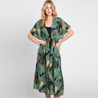 Tropical Leaves Print Drawstring Open Front Kimono, Navy