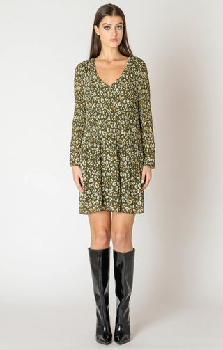 Dex Pleated Chiffon Long Sleeve Dress Olive Leopard