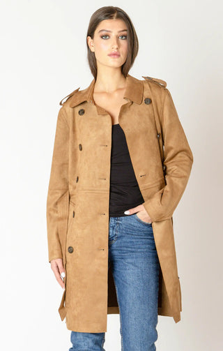 Faux Suede Trench Coat Camel Belted