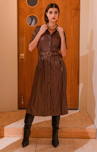 Dex Faux Leather Shirt Dress Mahogany