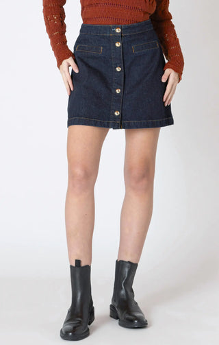 Dex Button Front Denim Mini Skirt Dark Indigo