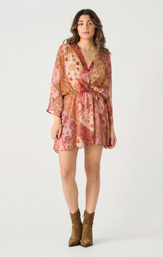 Butterfly Sleeve Patch Print Wrap Mini Dress