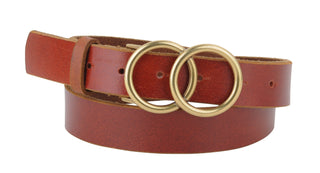 Double Ring Leather Belt with Brass Buckle Cognac