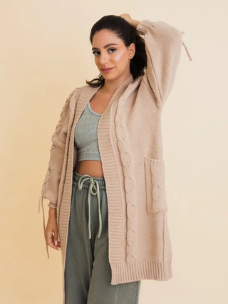 Drawstring Sleeve Cozy Cable Knit Oversized Cardigan